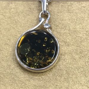Green Amber & Sterling Silver Necklace